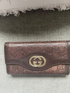 Gucci Brown GG Leather Continental Wallet with Gold Hardware